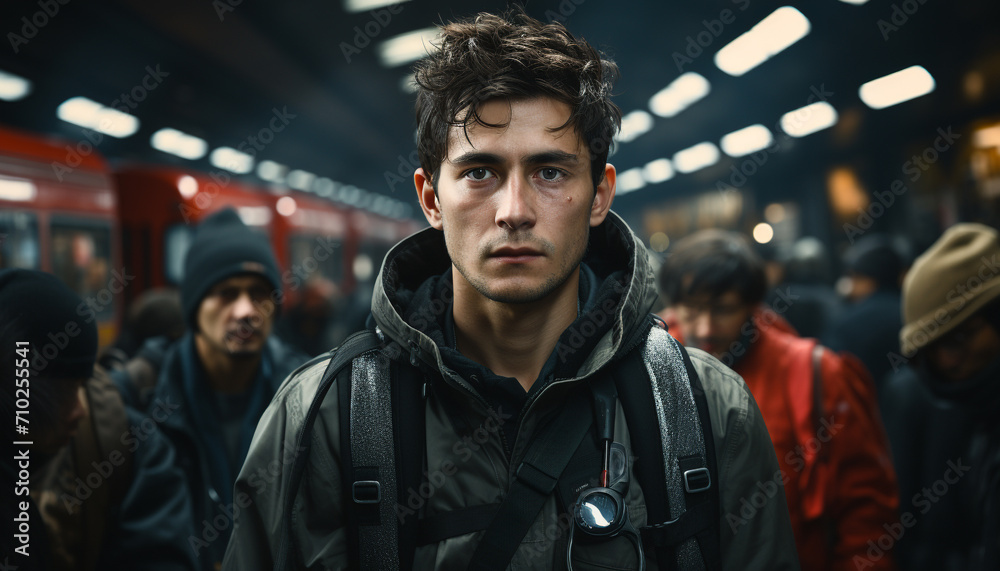 Young adult males in city, looking at camera generated by AI Young adult males in city, looking at camera generated by AI