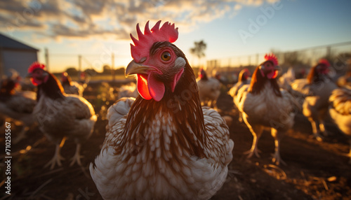 Fotografia Chickens roam freely in the rural farm generated by AI