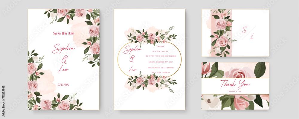 Pink rose modern wedding invitation template with floral and flower Pink rose modern wedding invitation template with floral and flower