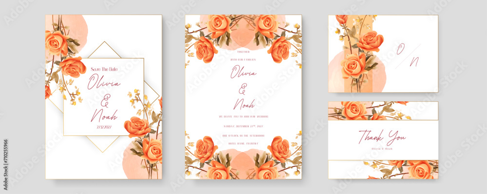 Orange rose vector elegant watercolor wedding invitation floral design