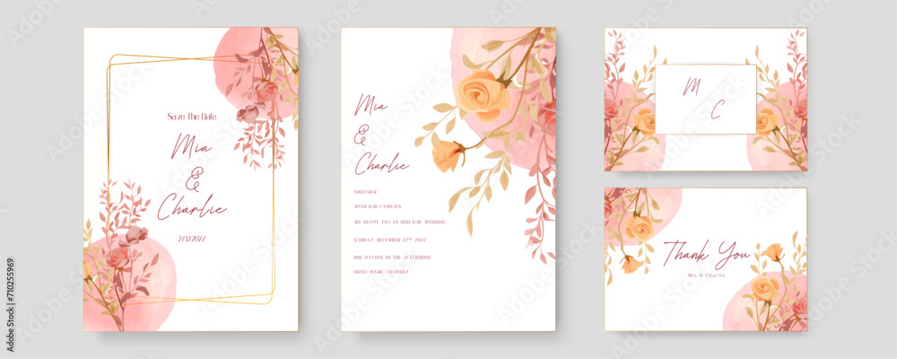 Orange and pink rose wreath background invitation template with flora and flower