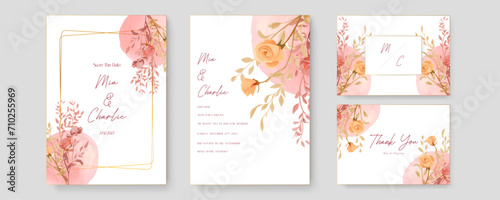 Orange and pink rose wreath background invitation template with flora and flower