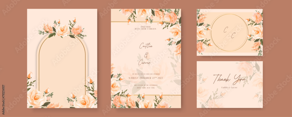 Peach and beige rose artistic wedding invitation card template set with flower decorations Peach and beige rose artistic wedding invitation card template set with flower decorations