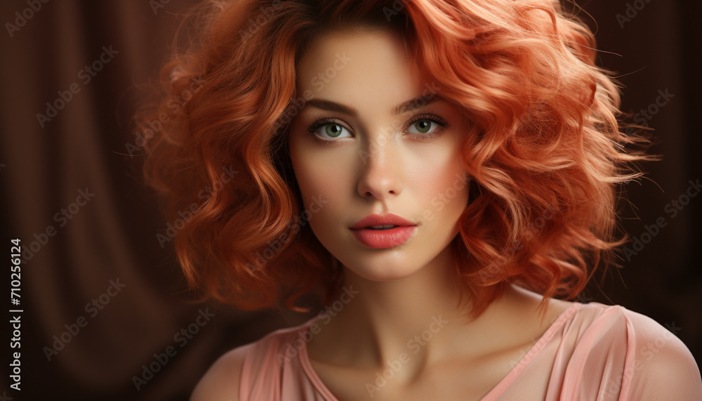 Beautiful woman with curly hair looking at camera generated by AI