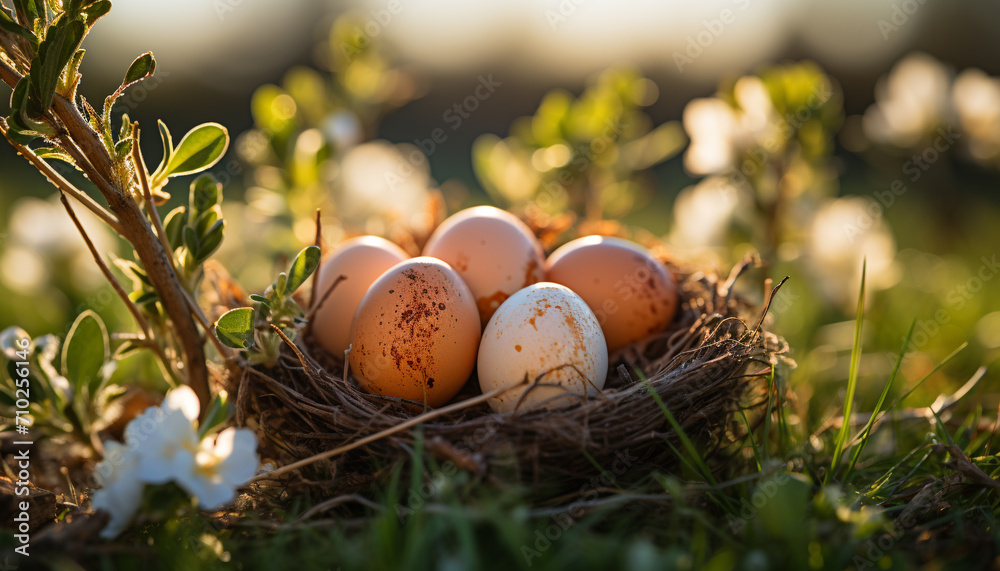 Freshness of springtime celebrated with colorful bird nest generated by AI
