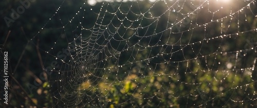 Closeup shot of dew on scattered bokeh spider web.