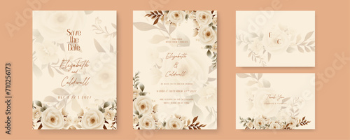 Beige rose wedding invitation card template with flower and floral watercolor texture vector