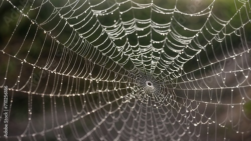 Closeup shot of dew on scattered bokeh spider web.