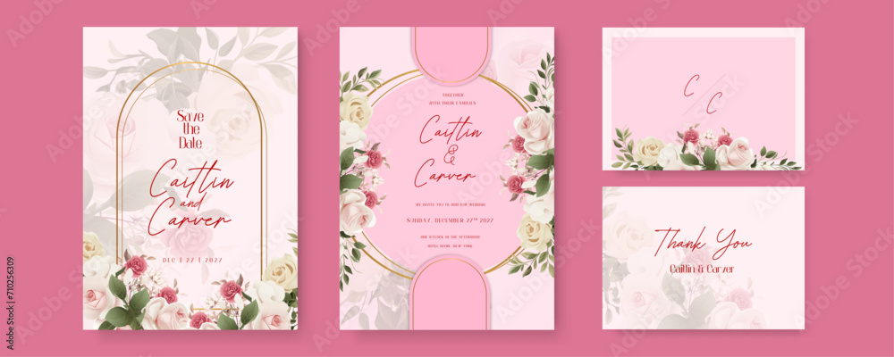 Pink rose artistic wedding invitation card template set with flower decorations