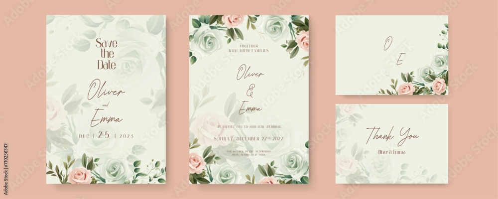 Pink and green rose luxury wedding invitation with golden line art flower and botanical leaves, shapes, watercolor Pink and green rose luxury wedding invitation with golden line art flower and botanical leaves, shapes, watercolor
