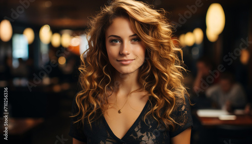 Young woman with long brown hair smiling indoors generated by AI