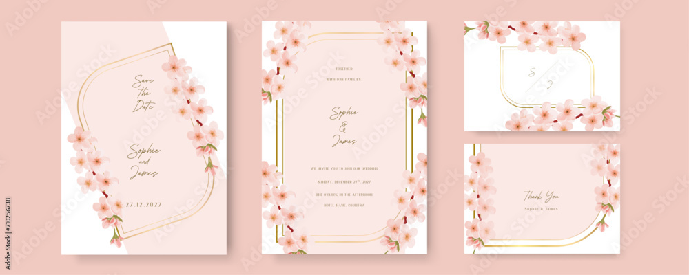 Pink sakura vector elegant watercolor wedding invitation floral design