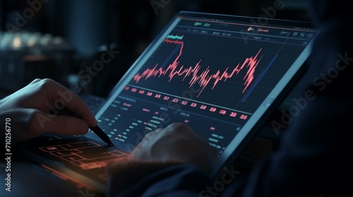 A close-up of a trader's hands working on a high-tech tablet, executing precise trades with a swipe.