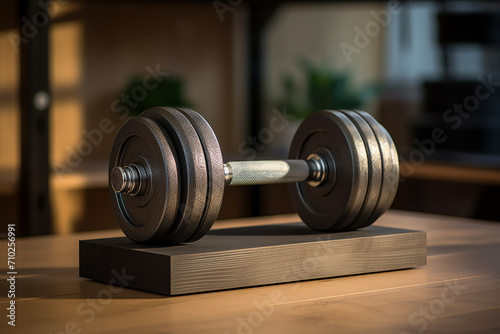 Generative AI Image of Iron Dumbbell Gym Equipment on Wooden Table