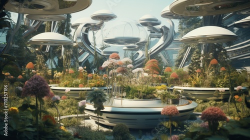 A futuristic garden with self-watering plants and drones pollinating flowers with precision.