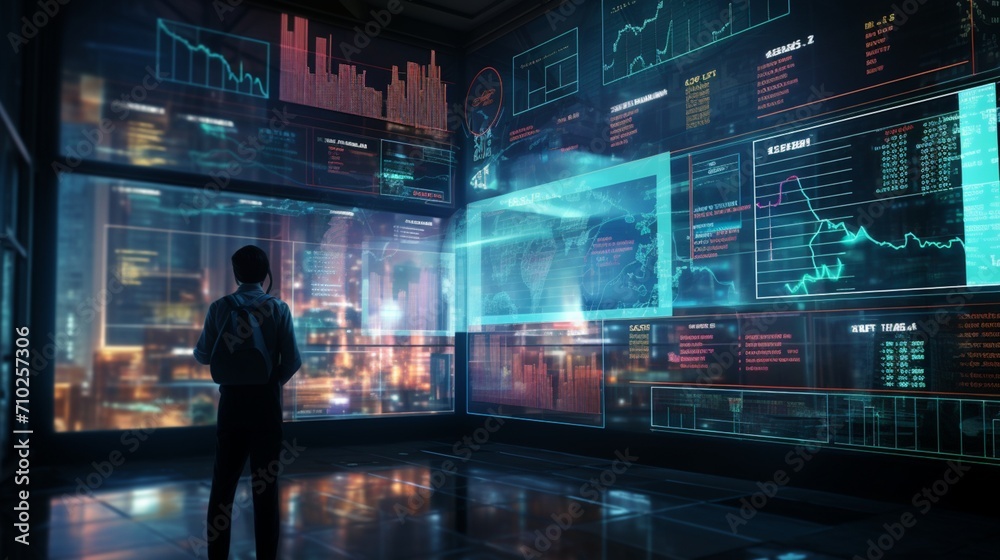 A futuristic holographic projection of market trends, providing an immersive experience for strategic planning.