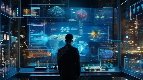 A holographic interface displaying AI-driven data analytics in a futuristic business setting.