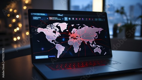 A laptop screen with an interactive map indicating the geographic locations of attempted cyber threats thwarted by the antivirus software.