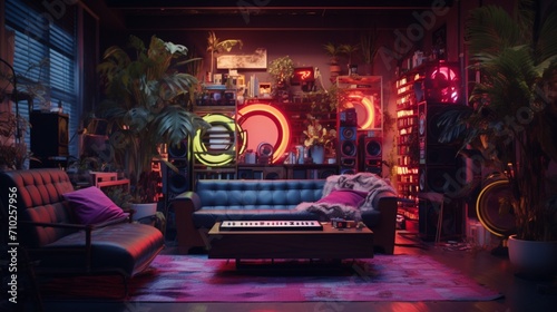 A living room bathed in ambient neon lights, adjusting to moods as effortlessly as a DJ mixes beats. photo