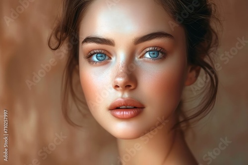 Portrait of beautiful young woman.The face of a beautiful with perfect smooth skin. on a brown background  Generative AI