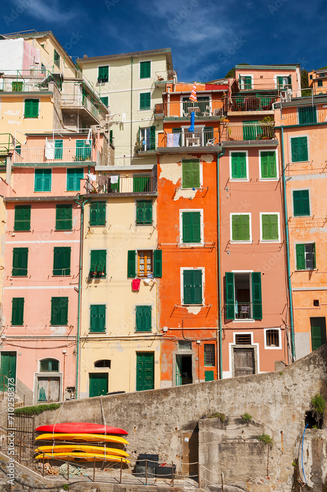Colorful residential buildings in Riomaggiore, Cinque Terre, Liguria, Italy, Europe.