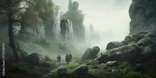 Panoramic view of a temporary forest in spring, medieval Saxon Viking warriors passing rock outcrops photo