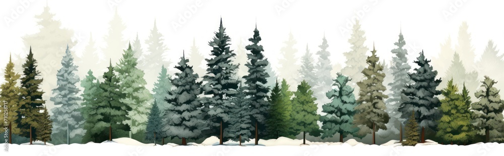 A group of different fir trees on a white background