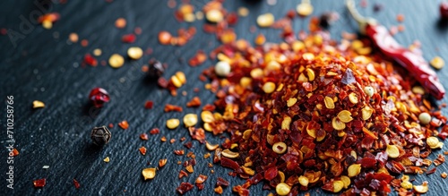 Dry chili pepper flakes, crushed red peppers on black table. photo
