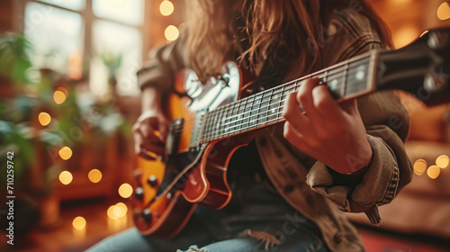 Woman playing electric guitar in studio