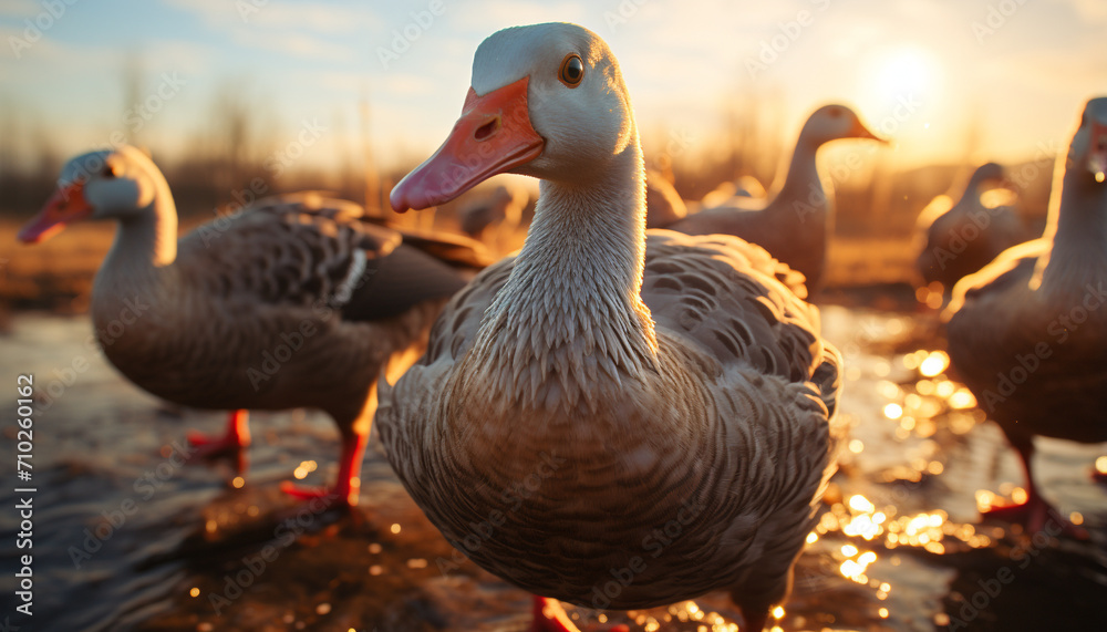 Sunset illuminates cute duckling waddling in meadow generated by AI Sunset illuminates cute duckling waddling in meadow generated by AI