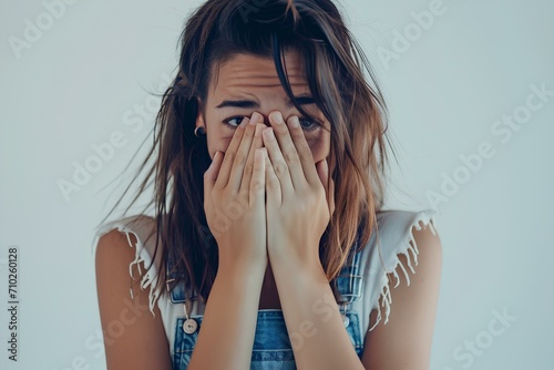 a woman in shock covering her hands in a screamed expression isolated on white background. generative AI