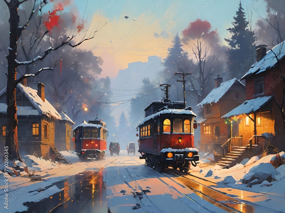 Tram in winter. Painting style. Generative AI.
