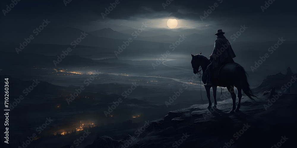night scene with a gothic and gloomy atmosphere under a sky dominated by a bright full moon. On the top of a hill a lone rider