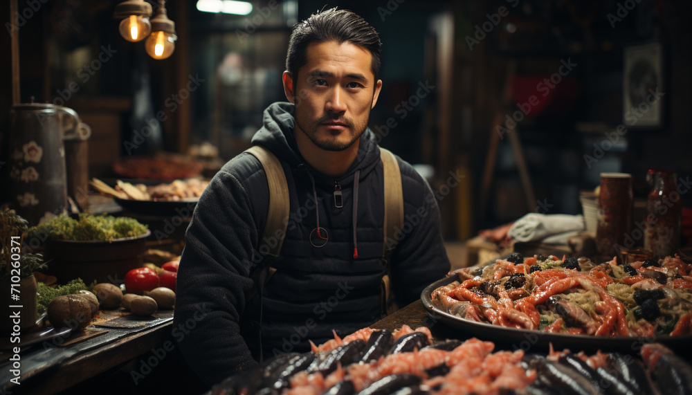 A young man cooking fresh seafood in his small workshop generated by AI