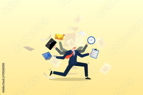Stressful businessman carry busy work to finish, busy work and multitasking employee, hurry to finish many documents within deadline and schedule, overworked or exhausted from overload tasks (Vector)