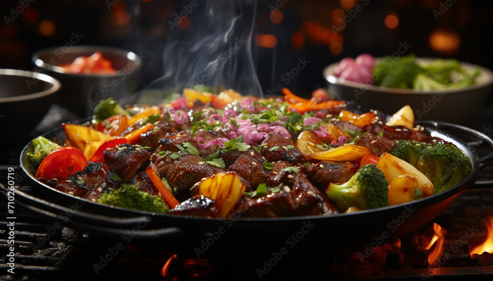 Grilled meat and vegetables on a plate, a gourmet meal generated by AI Grilled meat and vegetables on a plate, a gourmet meal generated by AI