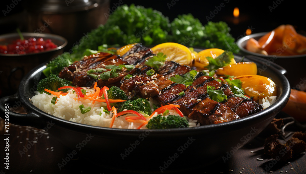 Grilled meat, fresh vegetables, cooked tomato, healthy eating, homemade sauce generated by AI Grilled meat, fresh vegetables, cooked tomato, healthy eating, homemade sauce generated by AI