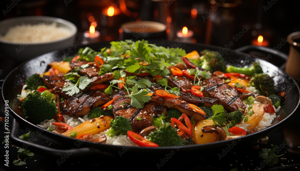 Fresh grilled meat and vegetables on a plate, ready to eat generated by AI