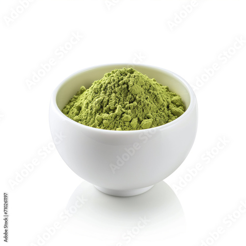 A refined transparent porcelain cup with a matcha green tea powder isolated on a white background 