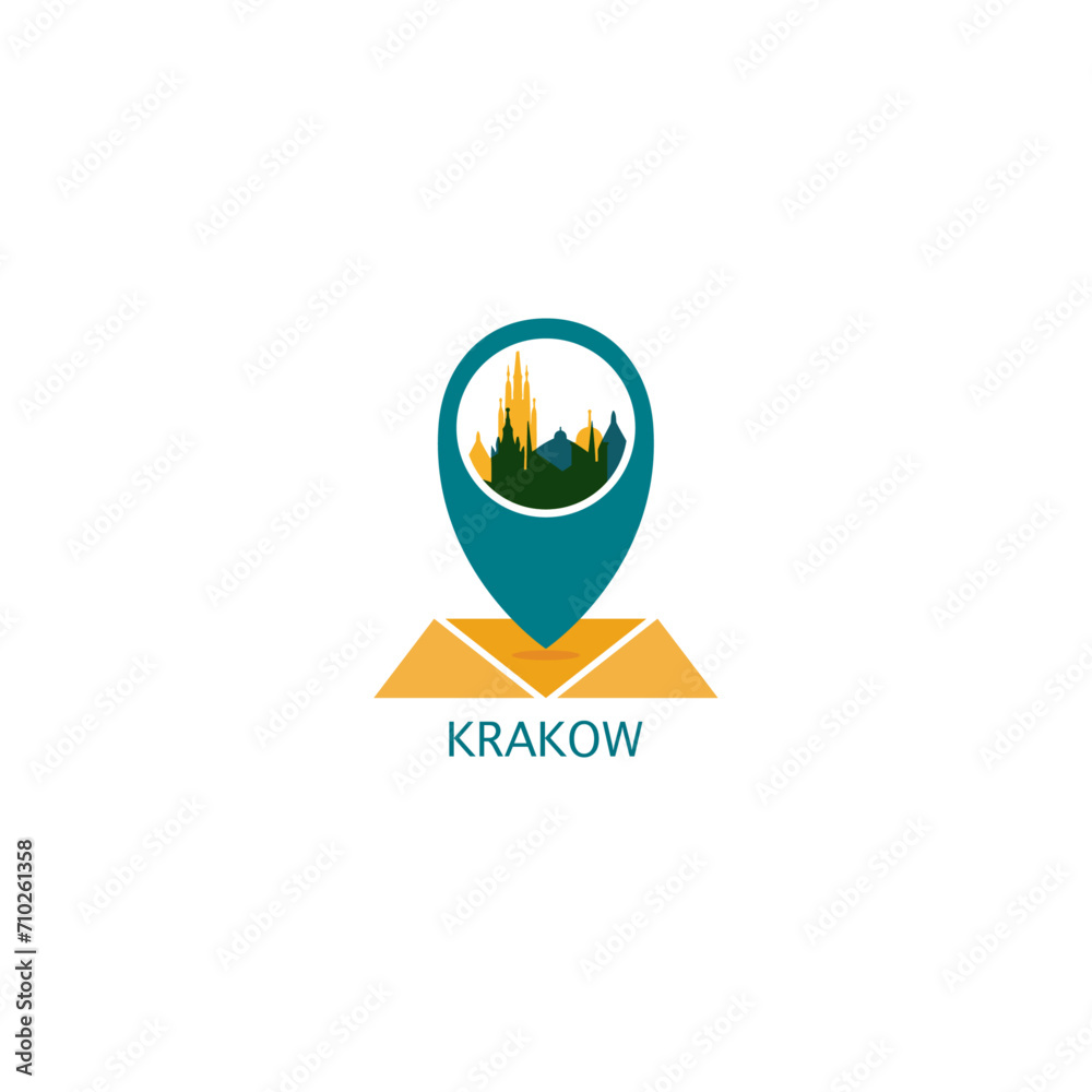 Krakow city map pin point, geolocation icon, skyline shaped vector logo, isolated illustration. Poland town emblem concept with landmarks and buildings Krakow city map pin point, geolocation icon, skyline shaped vector logo, isolated illustration. Poland town emblem concept with landmarks and buildings