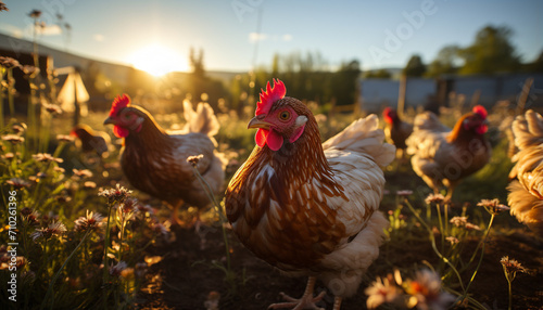 Healthy chickens graze in the green meadow generated by AI © Jemastock