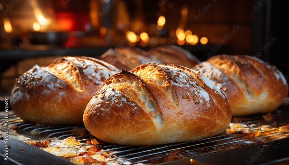 Freshly baked bread on a rustic wooden table generated by AI