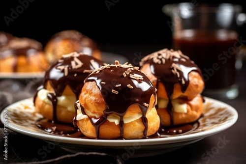 Delightful profiteroles with creamy filling and chocolate glaze on a plate. Generative AI