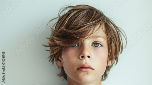 Chaos in the Eyes, A Whimsical Portrait of a Dreamy Young Boy With a Disheveled Mane photo