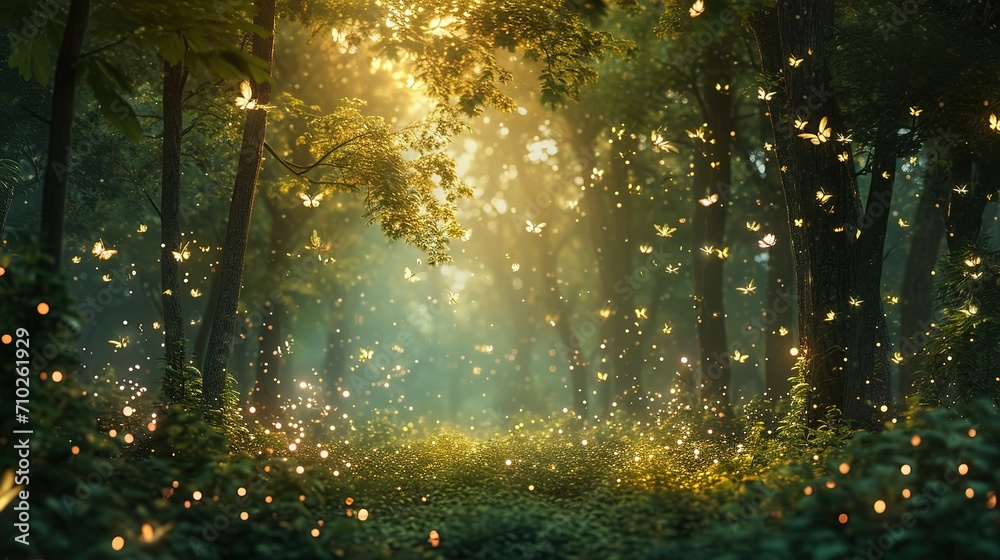Enchanted forest clearing with fireflies and magical creatures celebrating with fairy dust - obrazy, fototapety, plakaty 