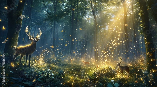 Enchanted forest clearing with fireflies and magical creatures celebrating with fairy dust © Jennifer