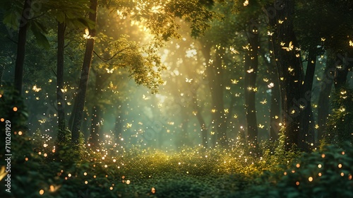 Enchanted forest clearing with fireflies and magical creatures celebrating with fairy dust photo