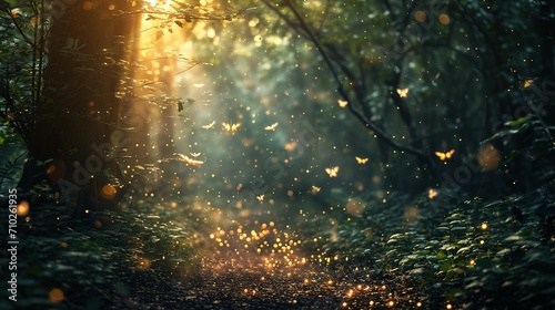 Enchanted forest clearing with fireflies and magical creatures celebrating with fairy dust