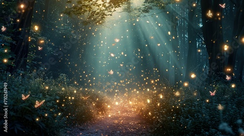 Enchanted forest clearing with fireflies and magical creatures celebrating with fairy dust © Jennifer