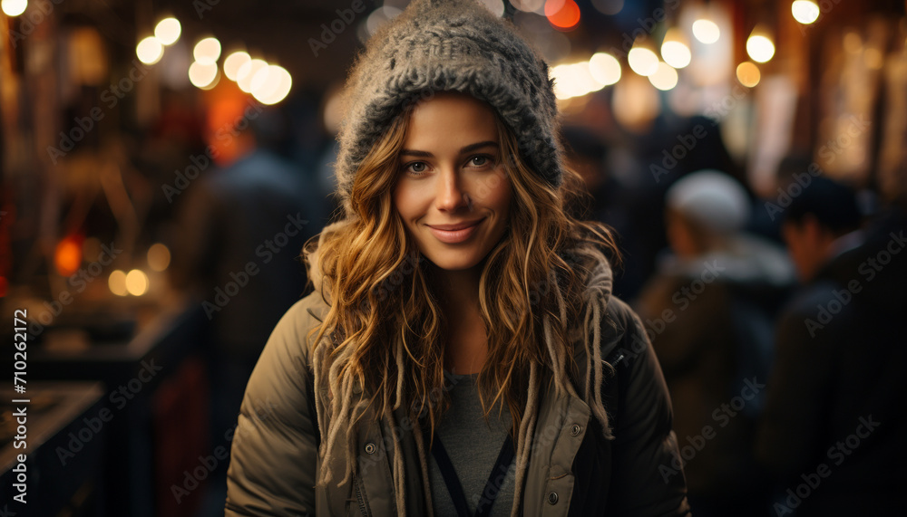 Smiling woman in winter, looking at camera generated by AI